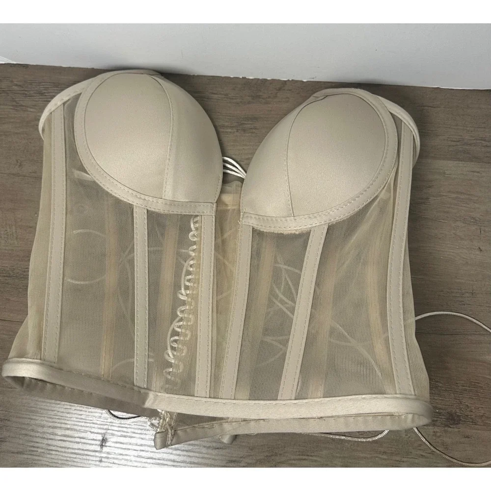 Asel Corset Bustier Sheer Mesh‎ Boned Corsetry Beige Lace Up Women's 40 Top